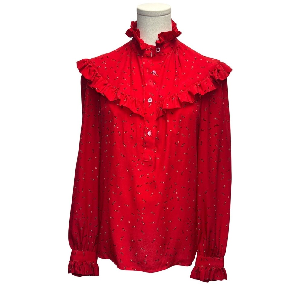 VTG 70s 100% Silk Top Red Ruffle Victorian Cottagecore Prairie Edwardian Sz S